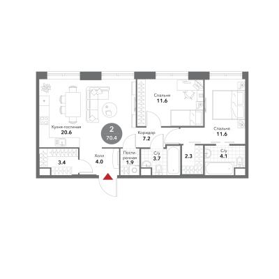 Планировка двухкомнатной квартиры в ЖК "VOXHALL"