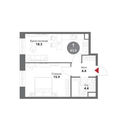 Планировка однокомнатной квартиры в ЖК "VOXHALL"